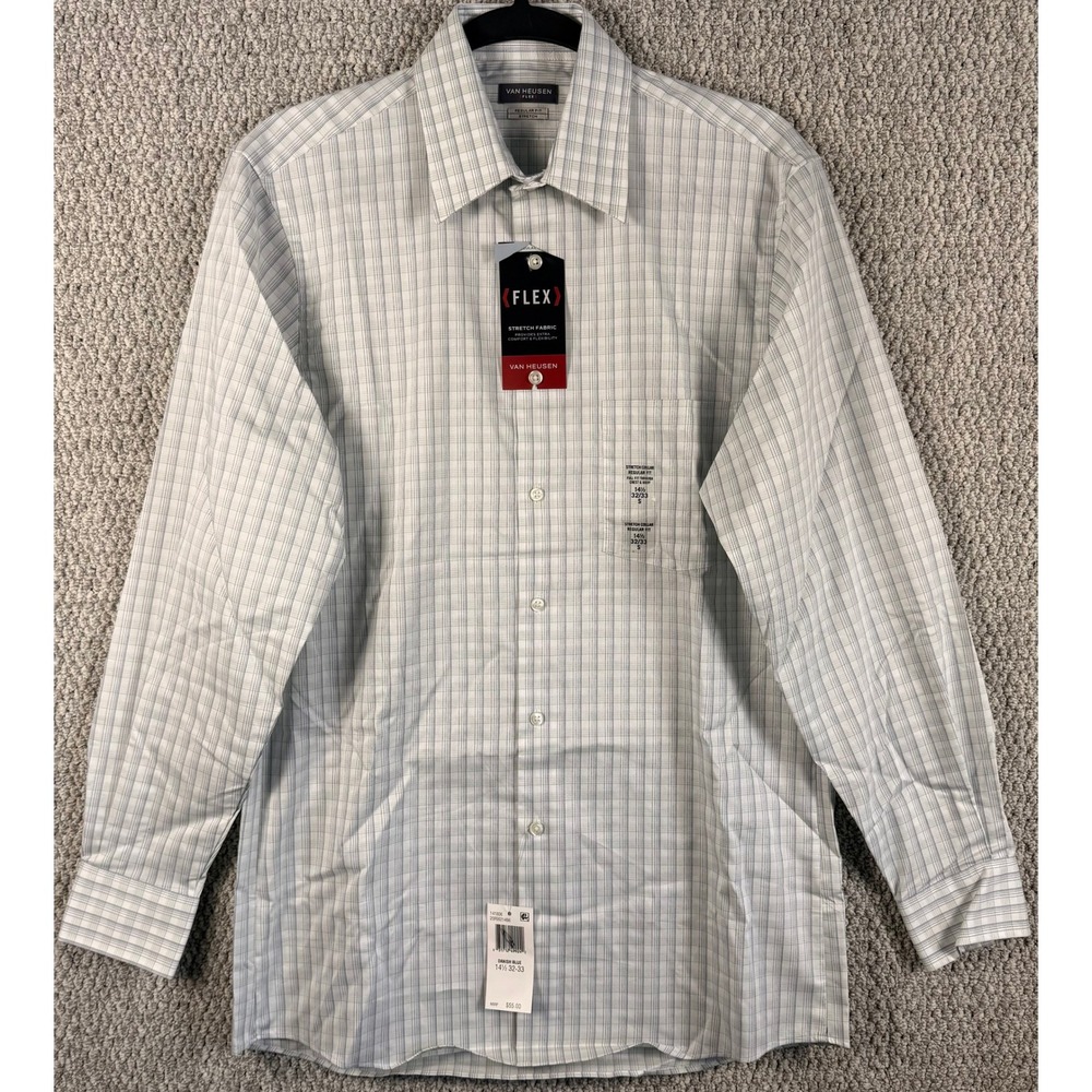Van Heusen Flex Dress Shirt 14.5 32/33 S Danish Blue Plaid Stretch Reg Fit NWT